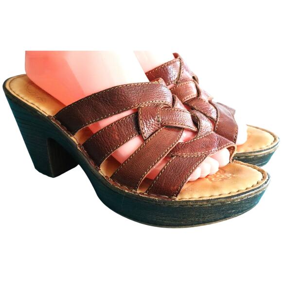Born Platform Sandal 9 Brown Leather Open Toe Slip on Criss Cross Woven Boho - Picture 1 of 8